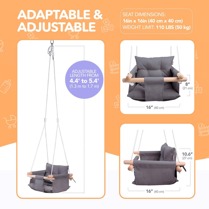 CaTeam - Canvas Baby Swing, Wooden Hanging Swing Seat Chair with Safety Belt, Durable Baby Swing Chair, Outdoor and Indoor Swing for Kids, Mounting Hardware Included, Dark Gray - Image 4